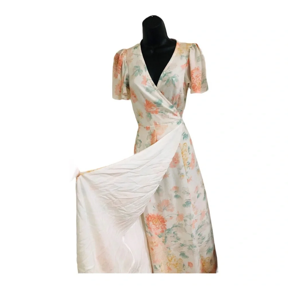 Abercrombie & Fitch white orange floral flutter sleeve wrap dress size small new